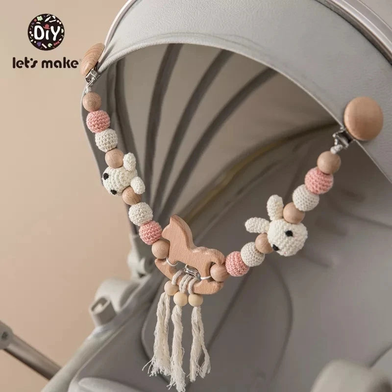 Wood Teether Baby Bed Hanging Rattles Toy Make Noise Bird Elephant Shape Crochet Beads Bracelet Pram Clip Baby Rattle