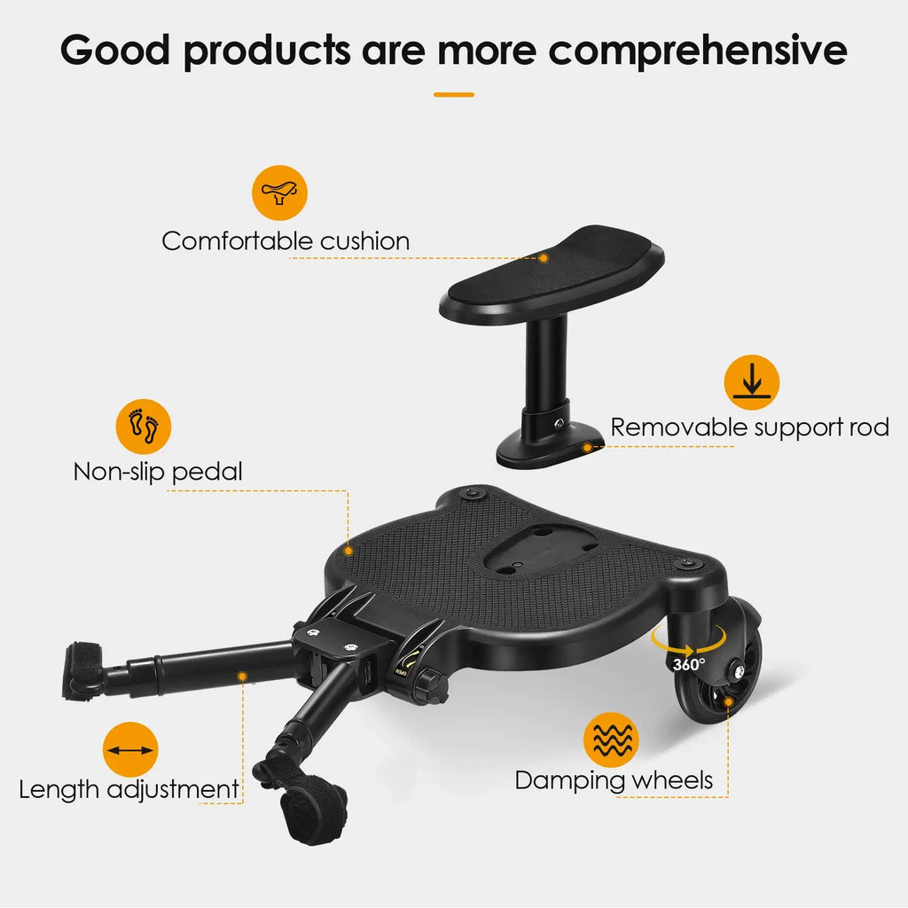 Portable Buggy Board with Seat Universal Kiddy Boards Pram Standing Board 360° Rotation Pram Accessory for Children 25Kg