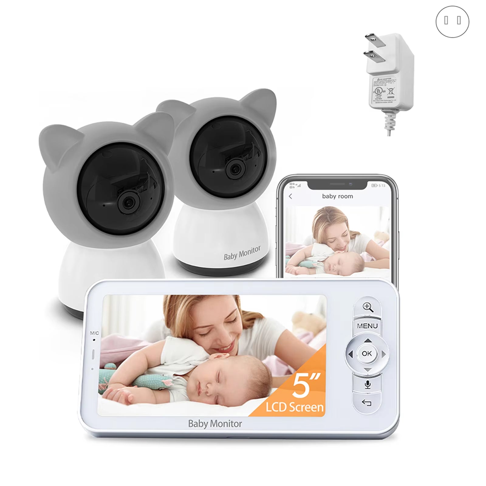 5-Inch LCD Baby Monitor with Two Cameras, Supports Split Screen, Wifi Smartphone Video Dual Camera, Mobile APP Control