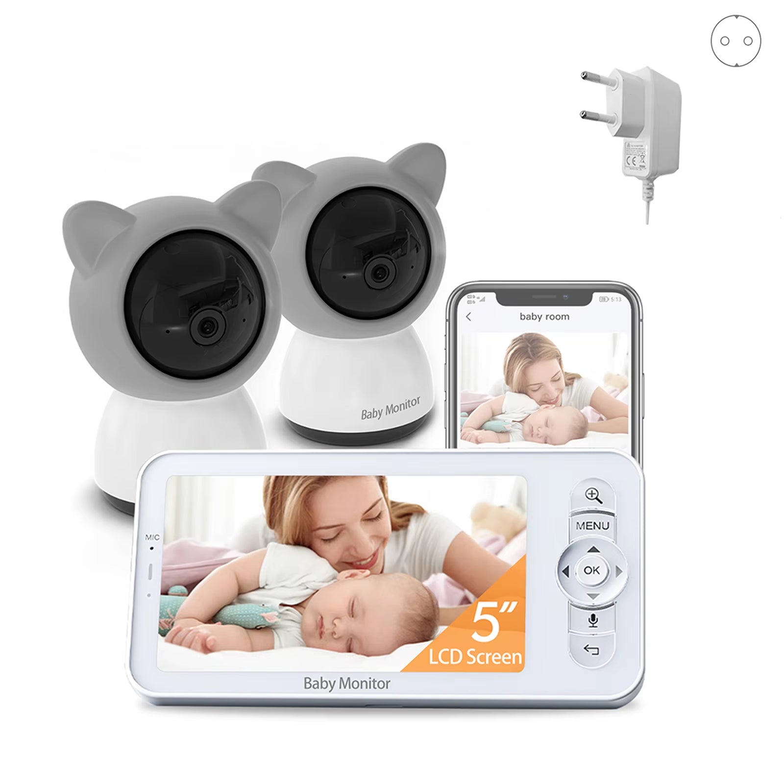 5-Inch LCD Baby Monitor with Two Cameras, Supports Split Screen, Wifi Smartphone Video Dual Camera, Mobile APP Control