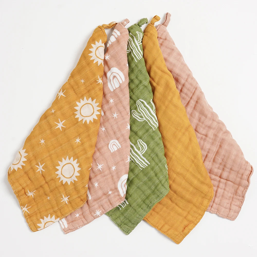 5PCS Set Bamboo Cotton Baby Face Towel Solid Print Muslin Square Towel Soft Burp Cloth