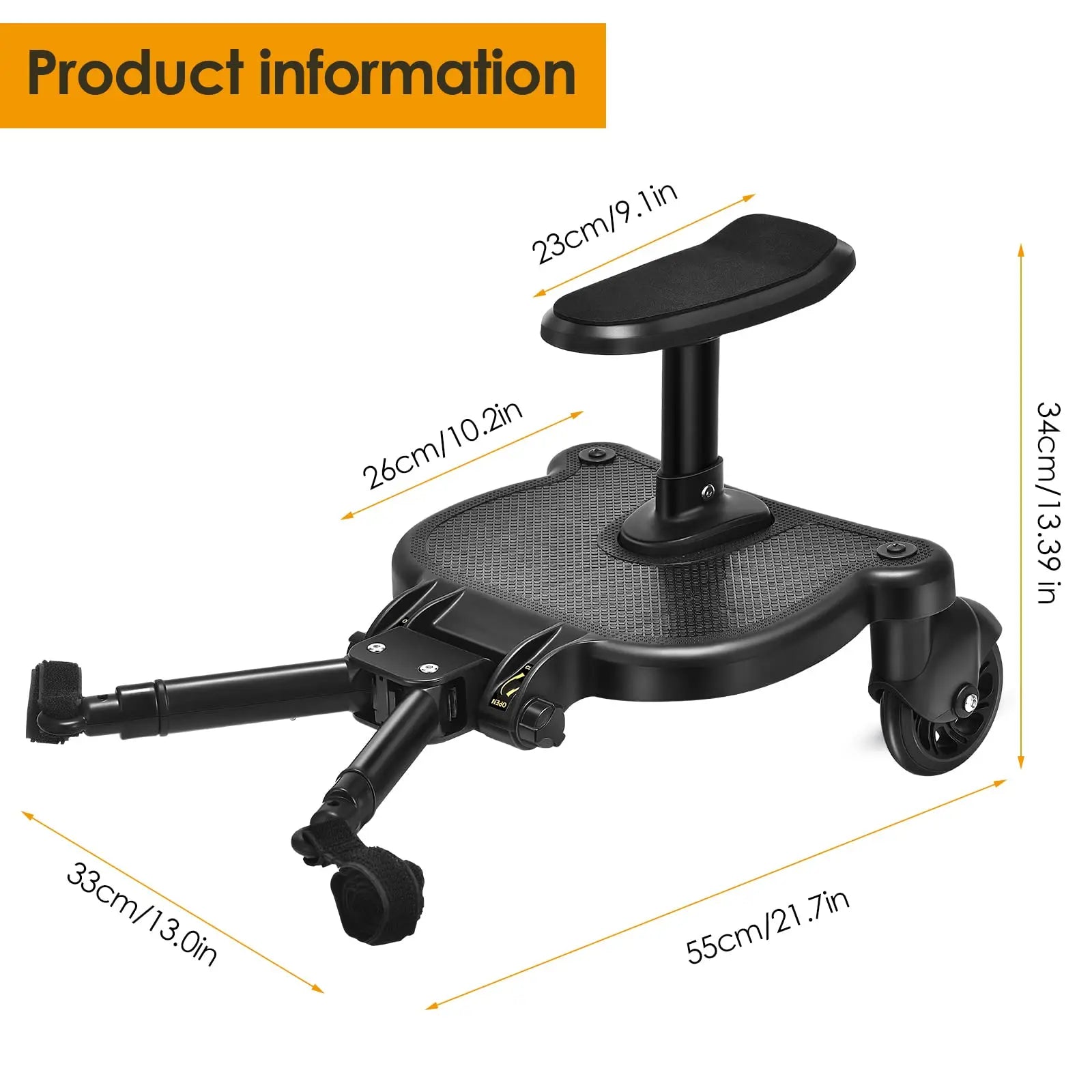 Portable Buggy Board with Seat Universal Kiddy Boards Pram Standing Board 360° Rotation Pram Accessory for Children 25Kg