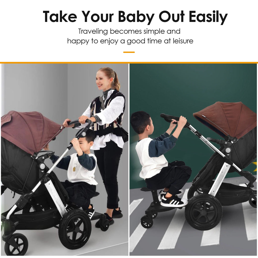 Portable Buggy Board with Seat Universal Kiddy Boards Pram Standing Board 360° Rotation Pram Accessory for Children 25Kg