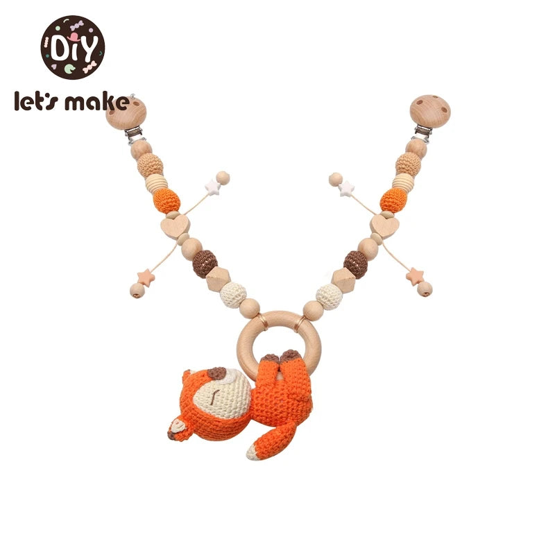 Wood Teether Baby Bed Hanging Rattles Toy Make Noise Bird Elephant Shape Crochet Beads Bracelet Pram Clip Baby Rattle