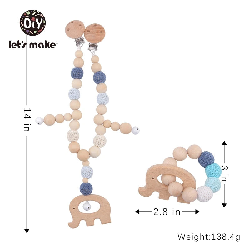 Wood Teether Baby Bed Hanging Rattles Toy Make Noise Bird Elephant Shape Crochet Beads Bracelet Pram Clip Baby Rattle