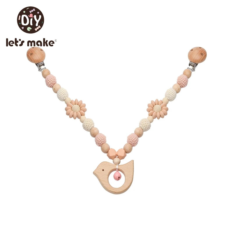 Wood Teether Baby Bed Hanging Rattles Toy Make Noise Bird Elephant Shape Crochet Beads Bracelet Pram Clip Baby Rattle