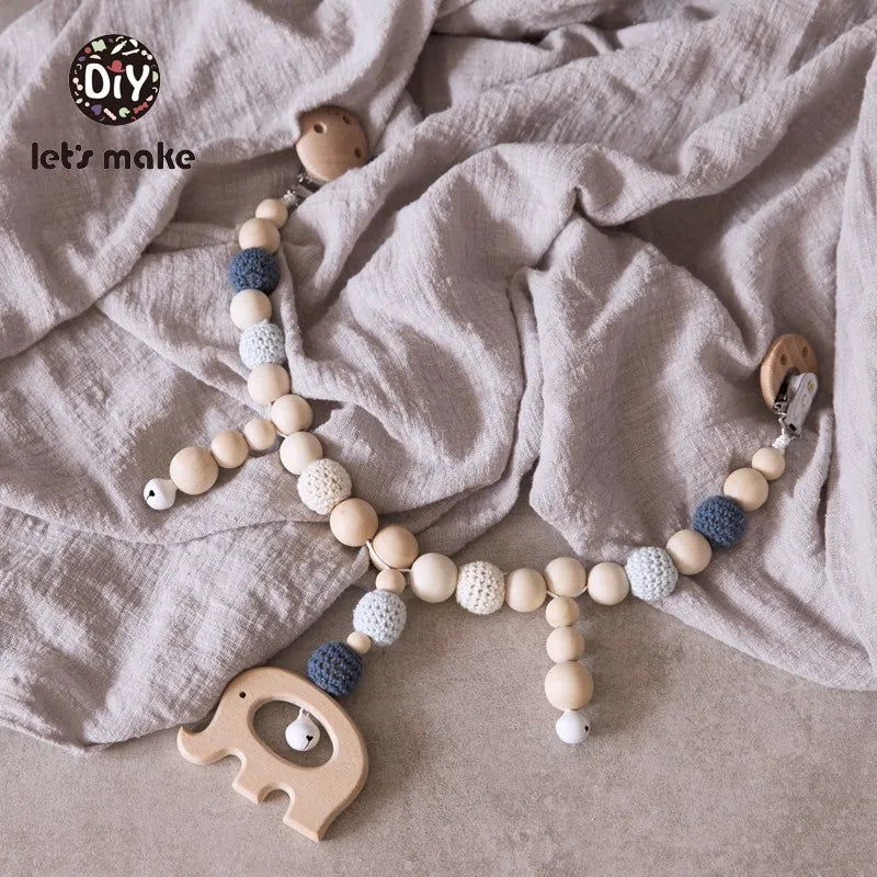 Wood Teether Baby Bed Hanging Rattles Toy Make Noise Bird Elephant Shape Crochet Beads Bracelet Pram Clip Baby Rattle