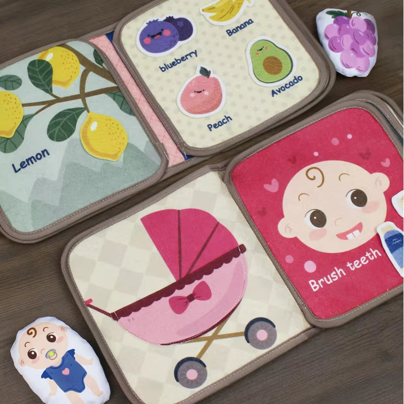 Montessori Busy Book Baby Early Education Book，Puzzle Toy, Animal Cognitive Fabric Book, Repeated Paste Book & Sensory Toys