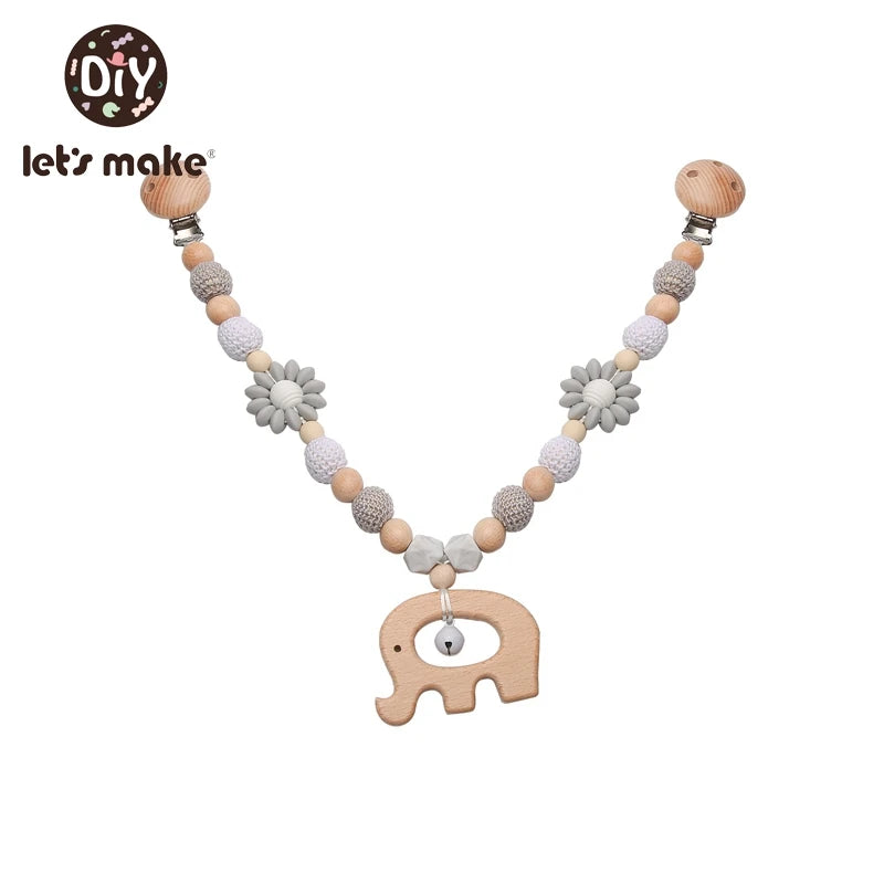 Wood Teether Baby Bed Hanging Rattles Toy Make Noise Bird Elephant Shape Crochet Beads Bracelet Pram Clip Baby Rattle
