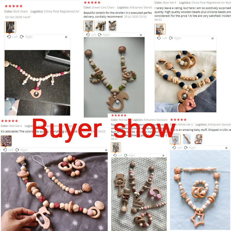 Wood Teether Baby Bed Hanging Rattles Toy Make Noise Bird Elephant Shape Crochet Beads Bracelet Pram Clip Baby Rattle