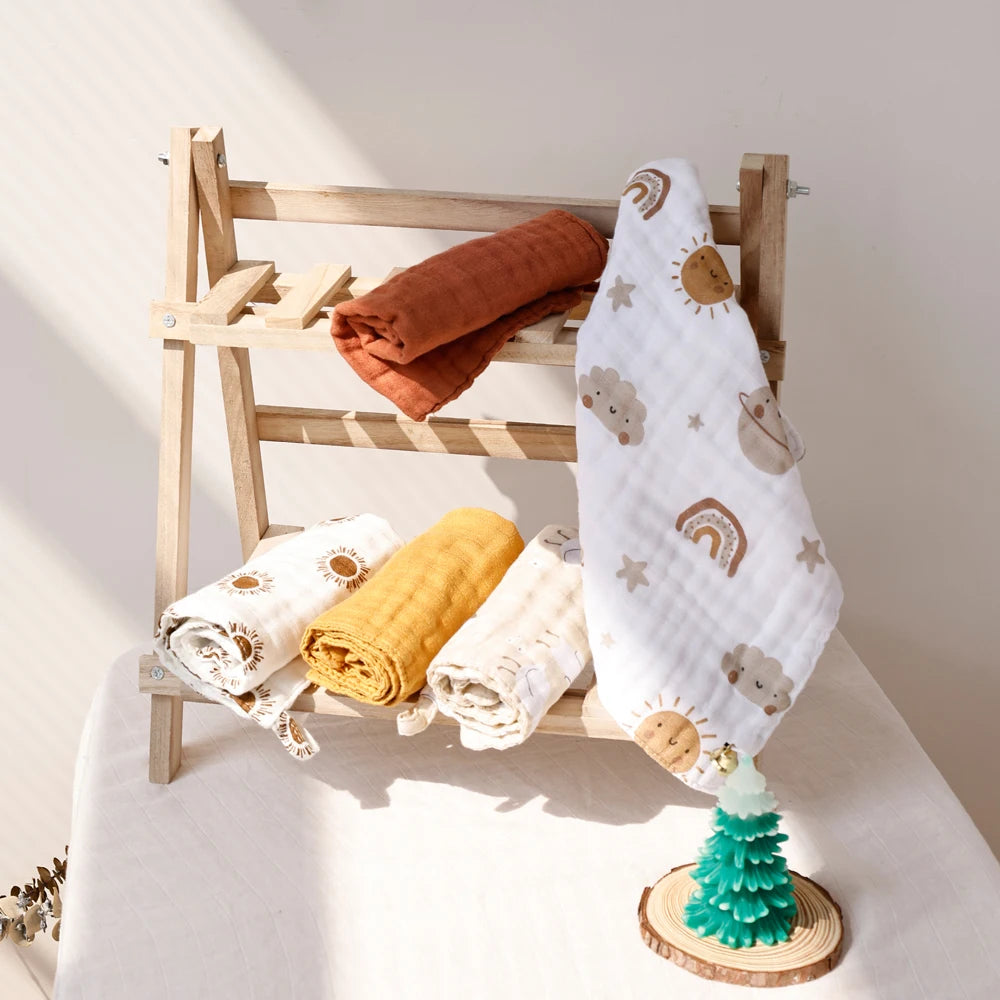 5PCS Set Bamboo Cotton Baby Face Towel Solid Print Muslin Square Towel Soft Burp Cloth