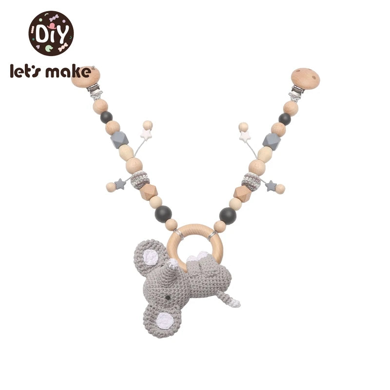 Wood Teether Baby Bed Hanging Rattles Toy Make Noise Bird Elephant Shape Crochet Beads Bracelet Pram Clip Baby Rattle