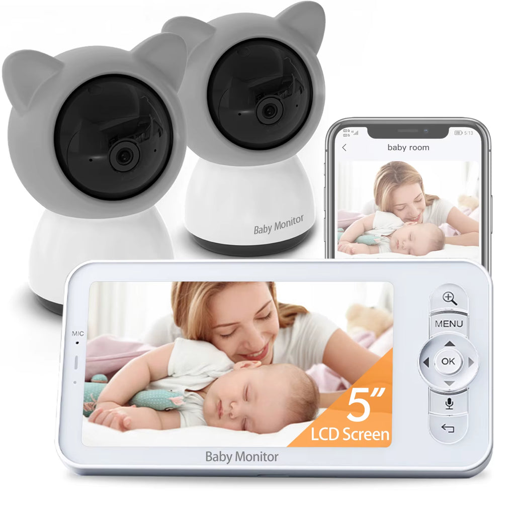 5-Inch LCD Baby Monitor with Two Cameras, Supports Split Screen, Wifi Smartphone Video Dual Camera, Mobile APP Control