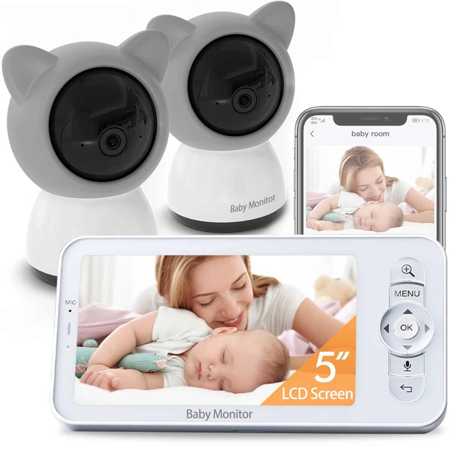 5-Inch LCD Baby Monitor with Two Cameras, Supports Split Screen, Wifi Smartphone Video Dual Camera, Mobile APP Control